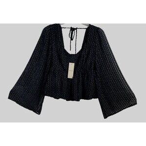 Du Paradis Anthropologie Black Long Sleeve Top Velvet Accents‎ Sz Small